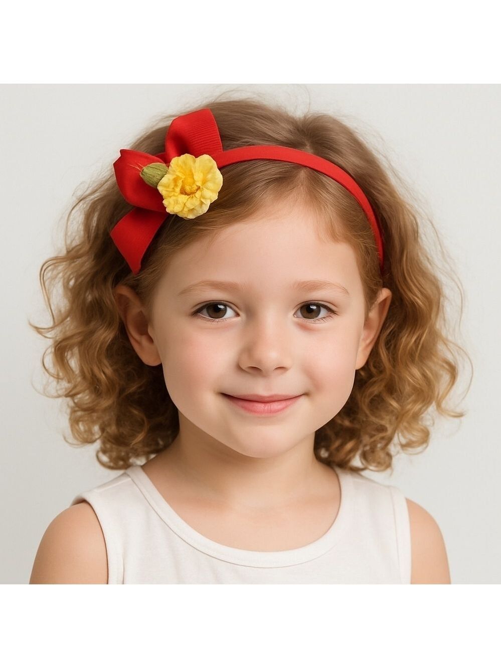 Hand Crafted red bow hairband hand knit crochet yellow rose with a ribbon flower